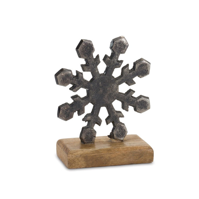 Melrose Metal Snowflake on Wood Base, Set of 6, Silver/Brown