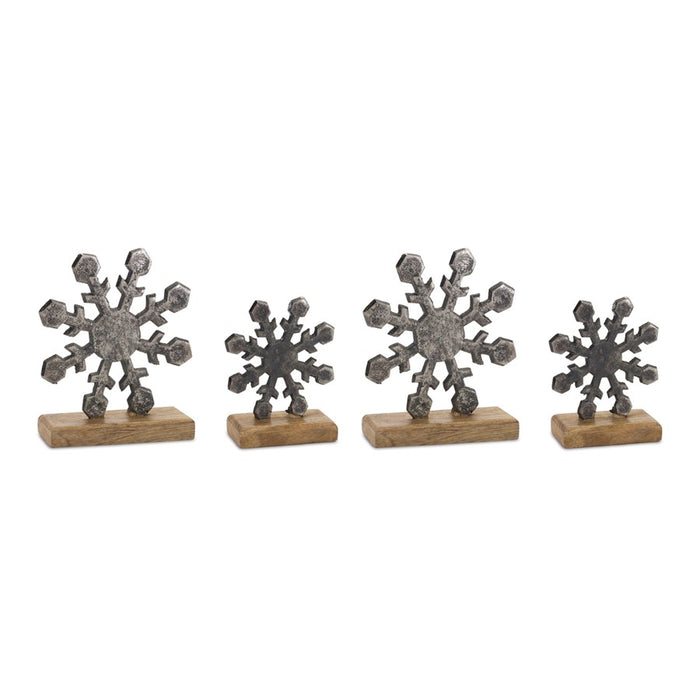 Melrose Metal Snowflake on Wood Base, Set of 6, Silver/Brown