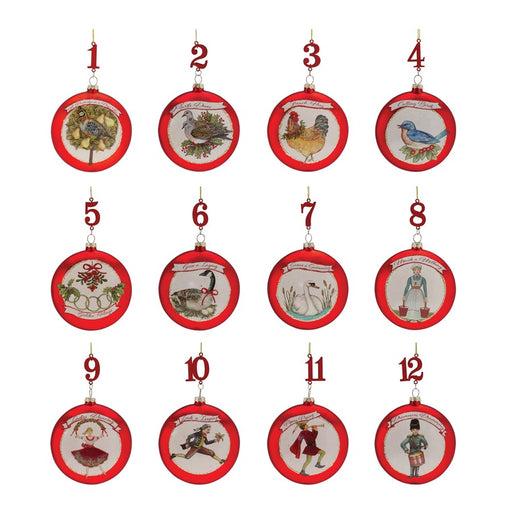 Melrose Twelve Days of Christmas Ornament, Set of 12, Red/White - 86801DS