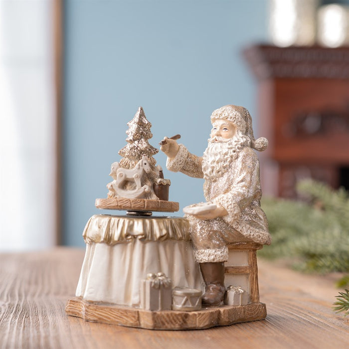 Melrose Santa/Spinning Christmas Tree, Set of 2, White/Silver/Tan