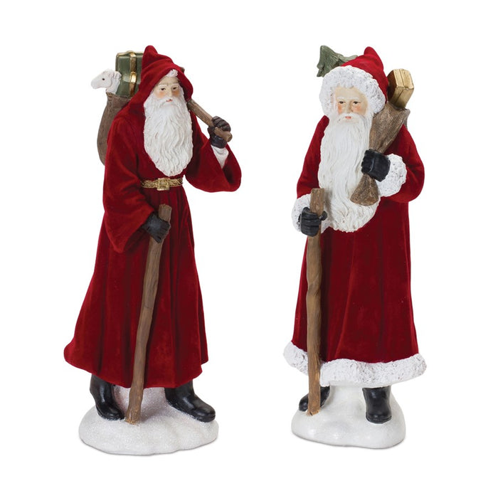 Melrose Flocked Santa Figurine/Hood/Staff, Set of 2, Red/White - 86812DS