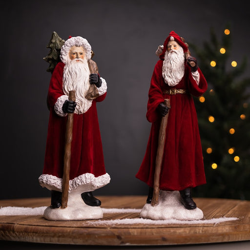 Melrose Flocked Santa Figurine/Hood/Staff, Set of 2, Red/White