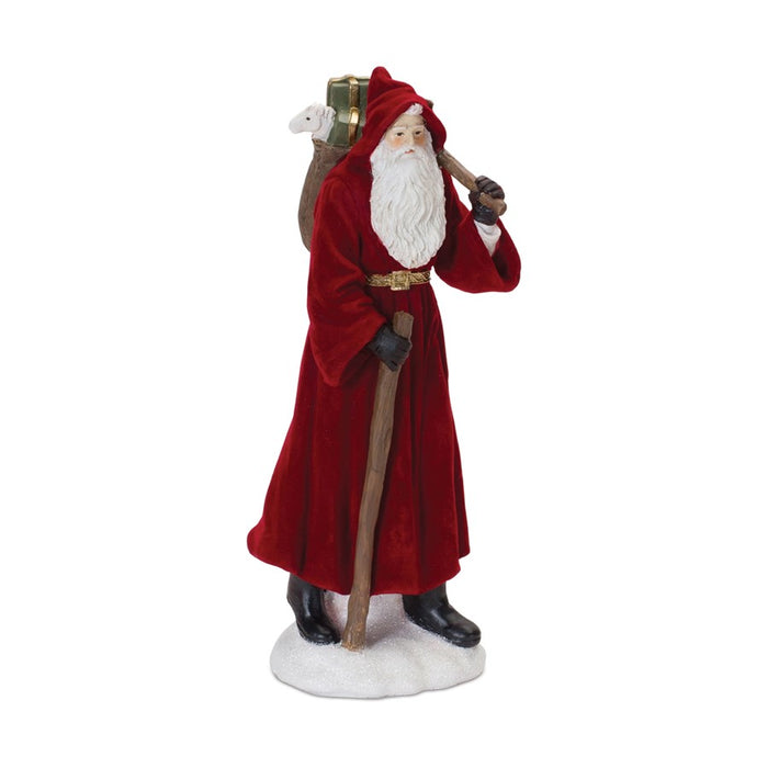 Melrose Flocked Santa Figurine/Hood/Staff, Set of 2, Red/White