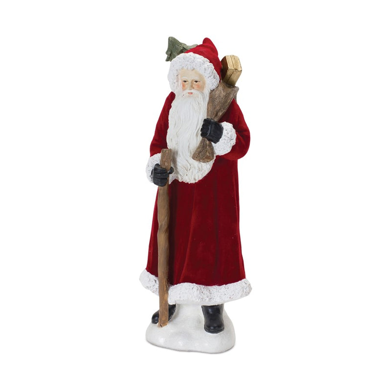 Melrose Flocked Santa Figurine/Hood/Staff, Set of 2, Red/White