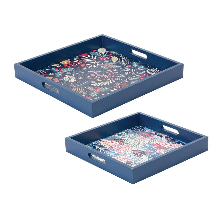 Melrose International Berry/Pine Tree Holiday Tray, Set of 2, Blue/Red - 86822DS
