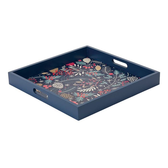Melrose International Berry/Pine Tree Holiday Tray, Set of 2, Blue/Red