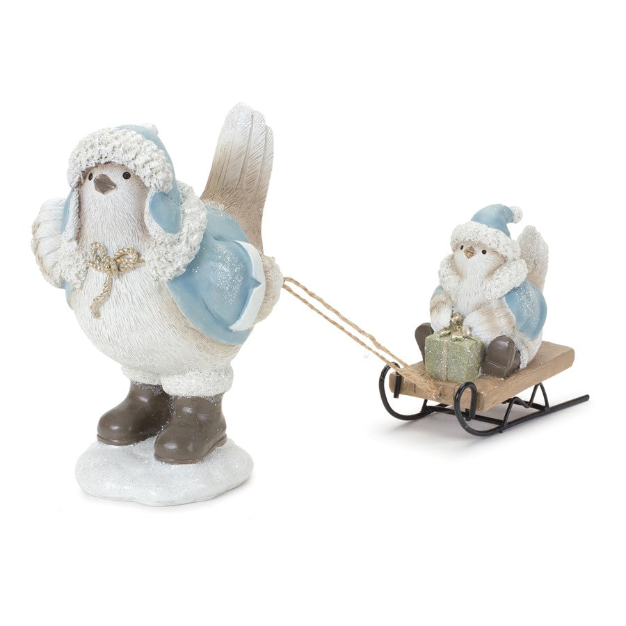 Melrose International Winter Bird/Sled Figurine, Set of 2, Blue/White - 86832DS