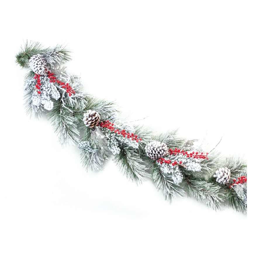Melrose International Snowy Pine Berry Garland 6'L, Green/White - 86853DS