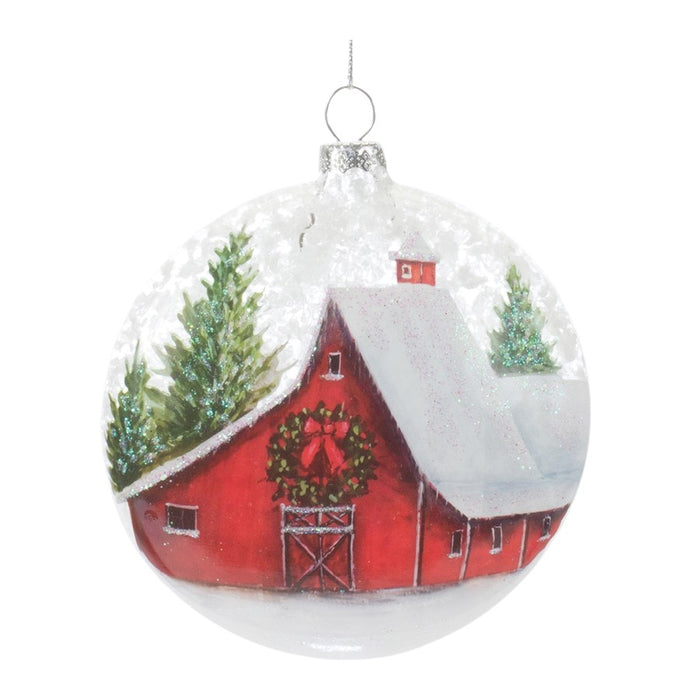Melrose Frosted Barn Ball Ornament, Set of 12, Red/White/Green - 86904DS
