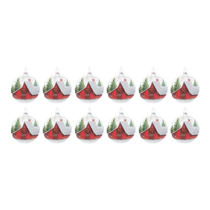 Melrose Frosted Barn Ball Ornament, Set of 12, Red/White/Green