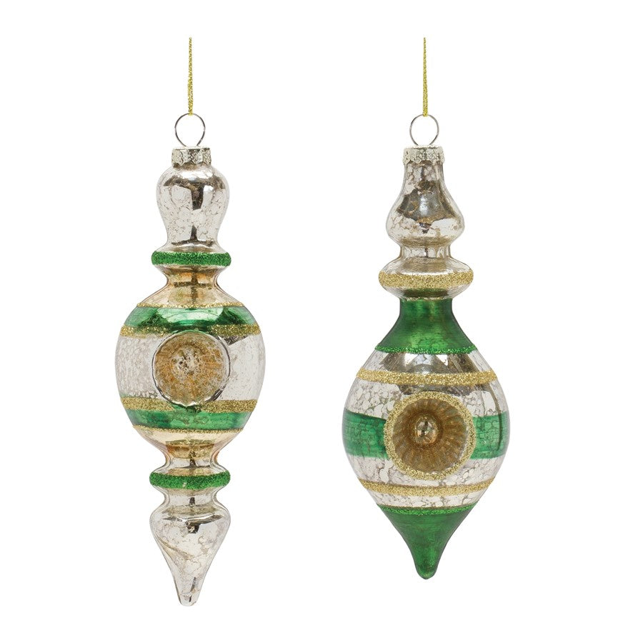 Melrose Glass Reflector Finial Drop Ornament, Set of 12, Green/Gold - 86906DS