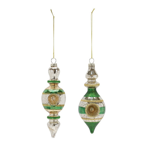 Melrose Glass Reflector Finial Drop Ornament, Set of 12, Green/Gold