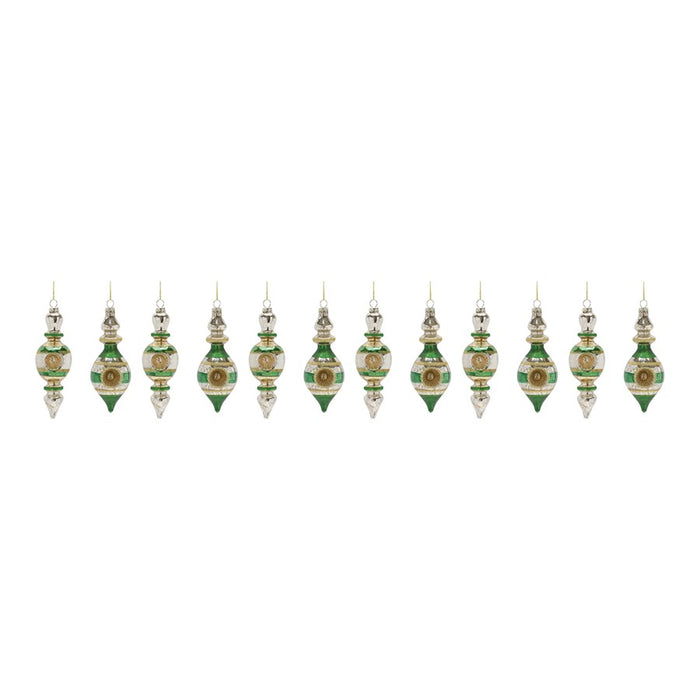 Melrose Glass Reflector Finial Drop Ornament, Set of 12, Green/Gold