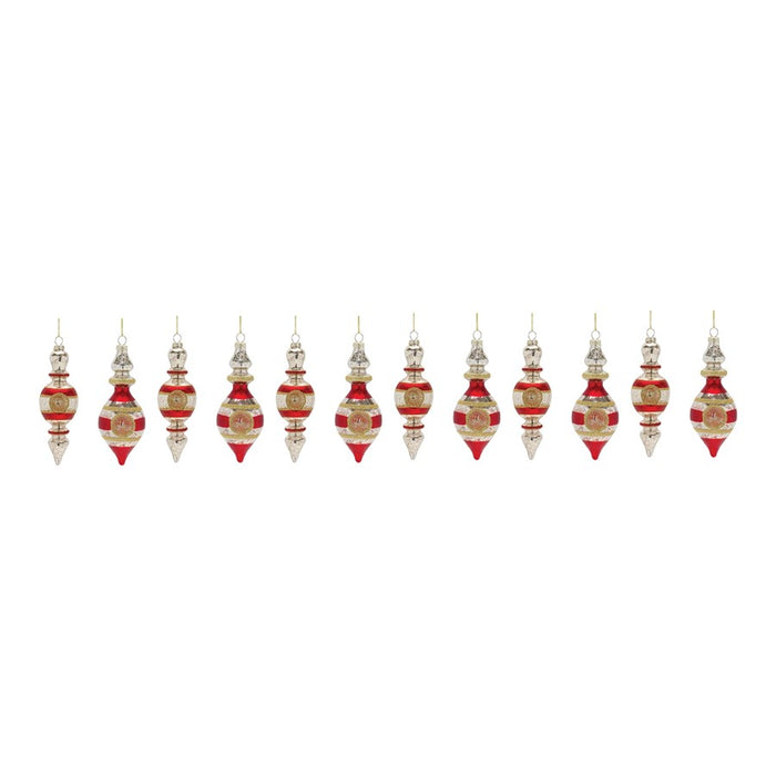 Melrose Reflector Finial Drop Ornament, Set of 12, Red/Gold/Silver