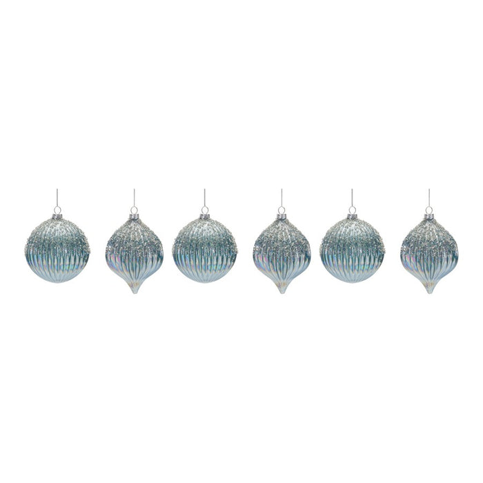 Melrose Beaded Irridescent Glass Ornament, Set of 6, Blue/White