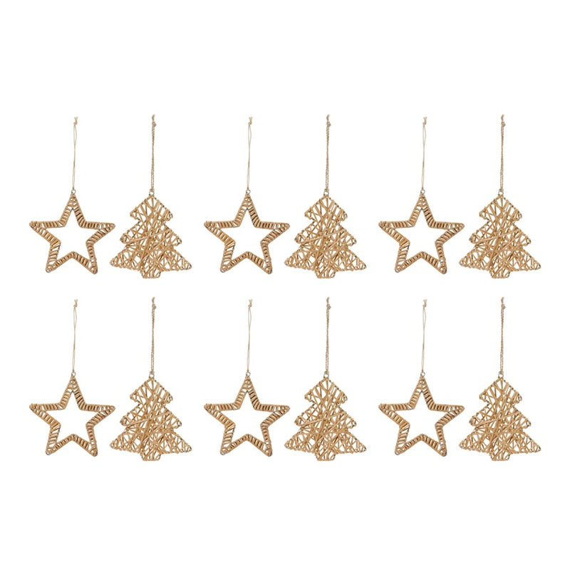 Melrose Int. Woven Rattan Star/Tree Ornament, Set of 12, Brown