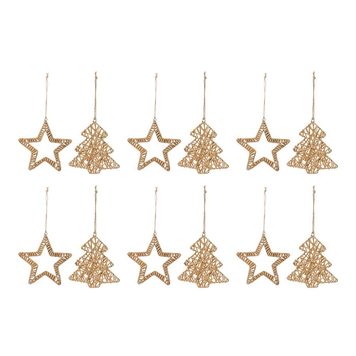 Melrose Int. Woven Rattan Star/Tree Ornament, Set of 12, Brown