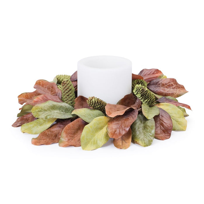Melrose Fall Magnolia Leaf Candle Ring 17"D, Orange/Brown/Green - 86948DS