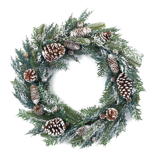 Melrose International Flocked Pine Cone Wreath 26"D, Green/White/Brown - 86992DS