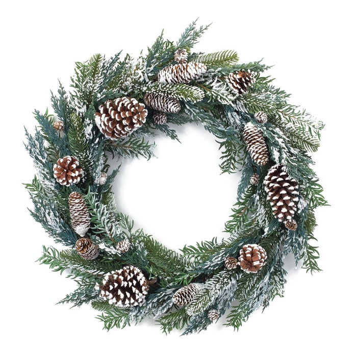 Melrose International Flocked Pine Cone Wreath 26"D, Green/White/Brown - 86992DS