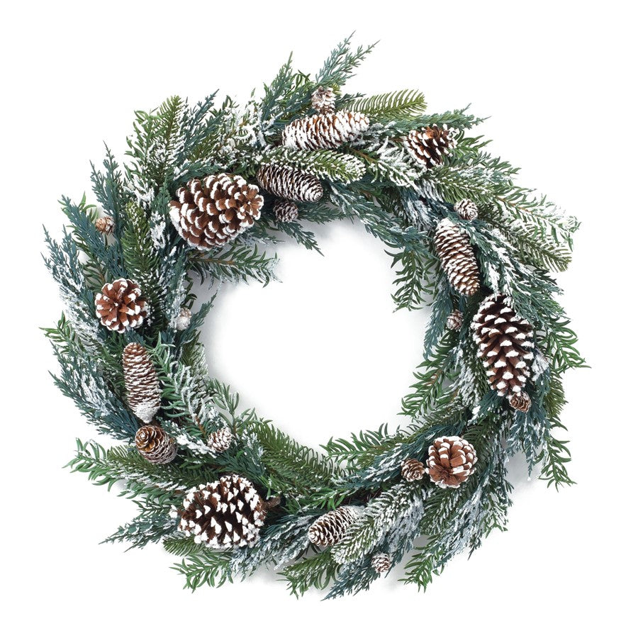 Melrose International Flocked Pine Cone Wreath 26"D, Green/White/Brown - 86992DS