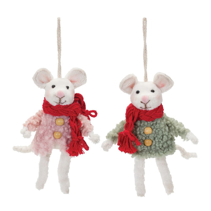 Melrose Int. Winter Mouse Ornament, Set of 6, Green/Pink/White