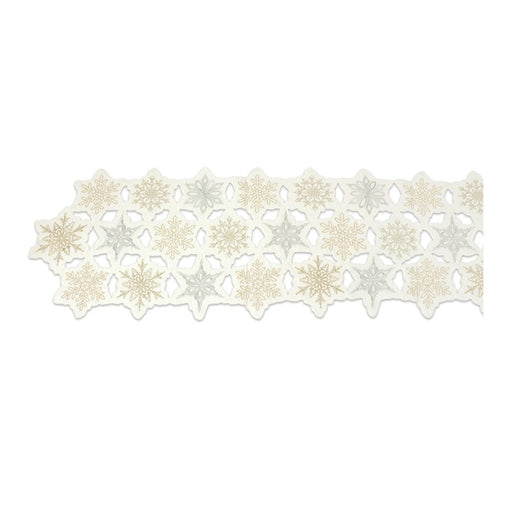 Melrose Embroidered Snowflake Table Runner 68"L, White/Gold/Silver