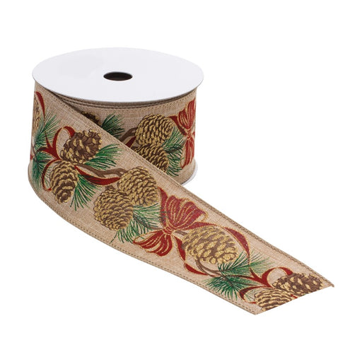 Melrose Wired Polyester Ribbon 2.5"x10 yds, Set of 2, Beige/Red/Green