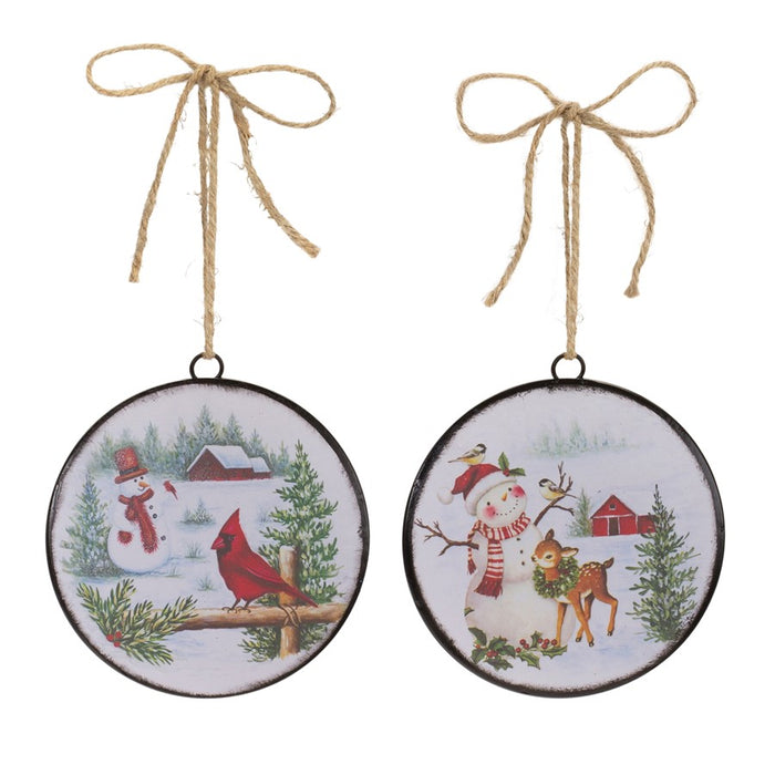 Melrose Woodland Snowman Disc Ornament, Set of 12, White/Red/Green