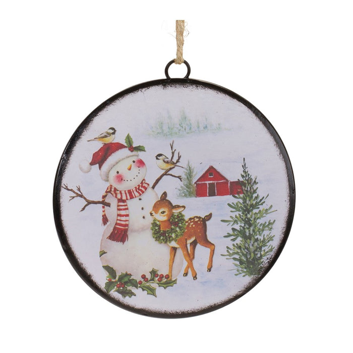 Melrose Woodland Snowman Disc Ornament, Set of 12, White/Red/Green