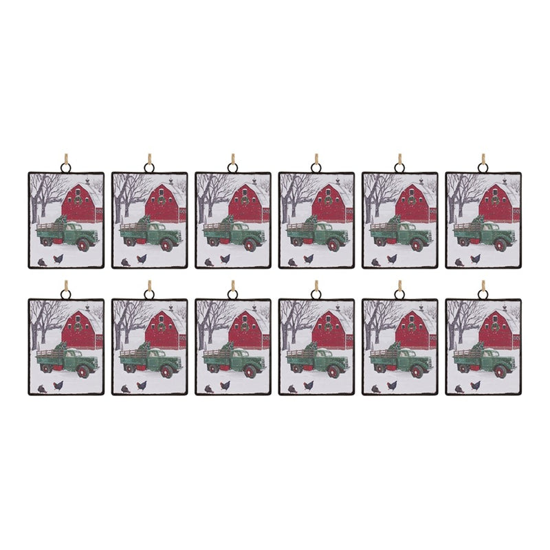 Melrose Glass Truck/Barn Ornament, Set of 12, White/Red/Green