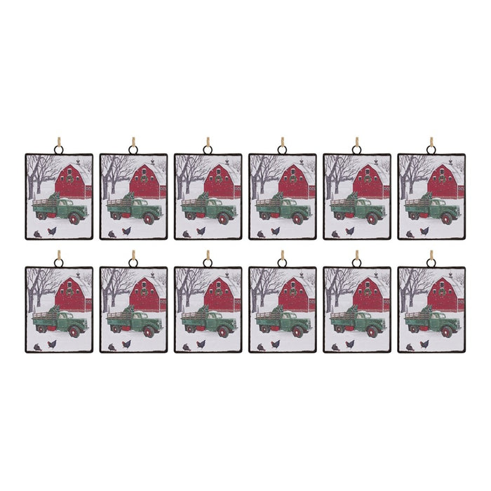 Melrose Glass Truck/Barn Ornament, Set of 12, White/Red/Green