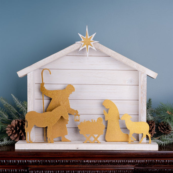 Melrose Cut Out Metal Nativity Scene 17.75"L, White/Black/Gold