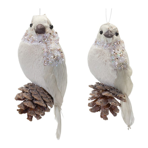 Melrose Beaded Winter Bird Ornament, Set of 12, White/Brown - 87092DS