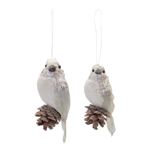 Melrose Beaded Winter Bird Ornament, Set of 12, White/Brown