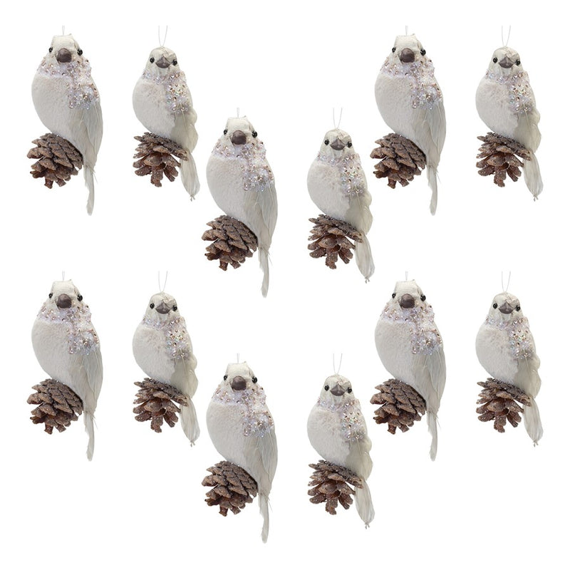 Melrose Beaded Winter Bird Ornament, Set of 12, White/Brown