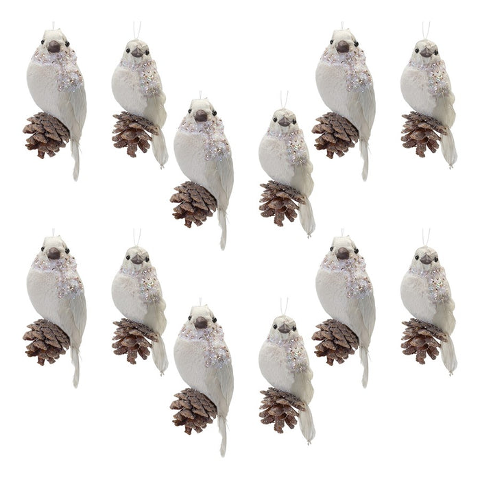 Melrose Beaded Winter Bird Ornament, Set of 12, White/Brown