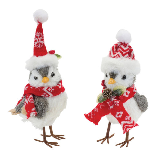 Melrose Winter Bird/Hat/Scarf Accent, Set of 6, White/Grey/Red - 87106DS