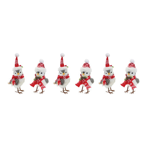 Melrose Winter Bird/Hat/Scarf Accent, Set of 6, White/Grey/Red