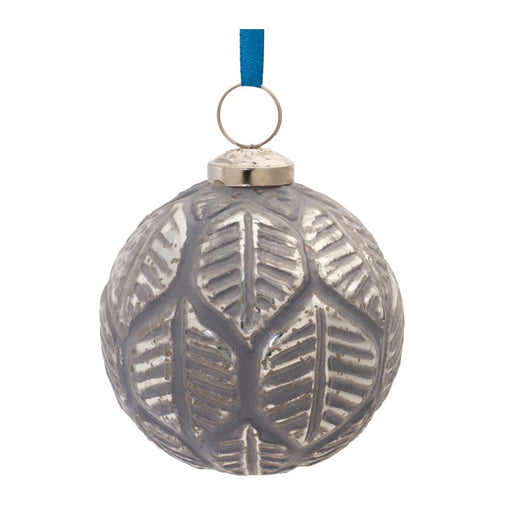 Melrose Etched Leaf Glass Ball Ornament, Set of 6, Blue/Grey - 87128DS