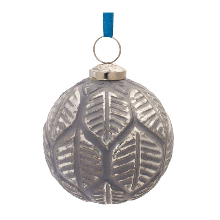 Melrose Etched Leaf Glass Ball Ornament, Set of 6, Blue/Grey - 87128DS