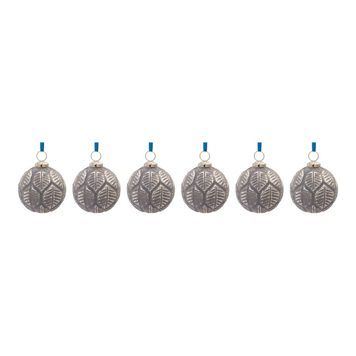 Melrose Etched Leaf Glass Ball Ornament, Set of 6, Blue/Grey