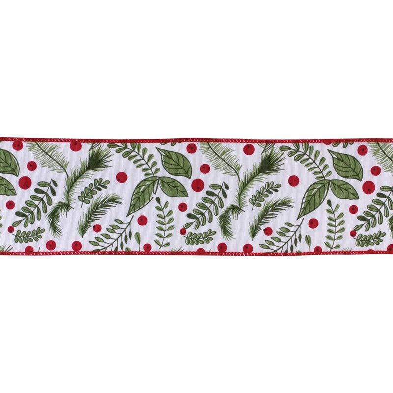 Melrose International Wired Cotton Ribbon 4"x10 yds, White/Green/Red - 87176DS