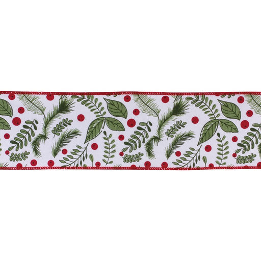 Melrose International Wired Cotton Ribbon 4"x10 yds, White/Green/Red - 87176DS