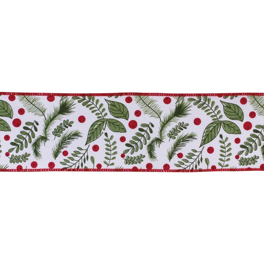 Melrose International Wired Cotton Ribbon 4"x10 yds, White/Green/Red - 87176DS