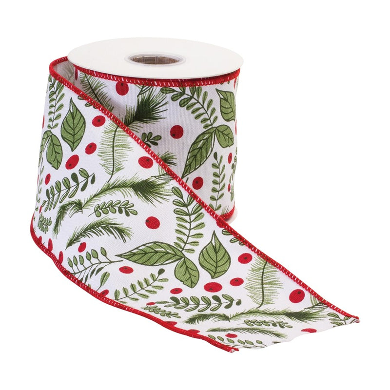 Melrose International Wired Cotton Ribbon 4"x10 yds, White/Green/Red