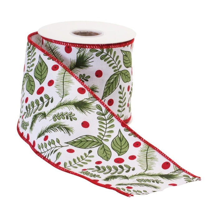 Melrose International Wired Cotton Ribbon 4"x10 yds, White/Green/Red