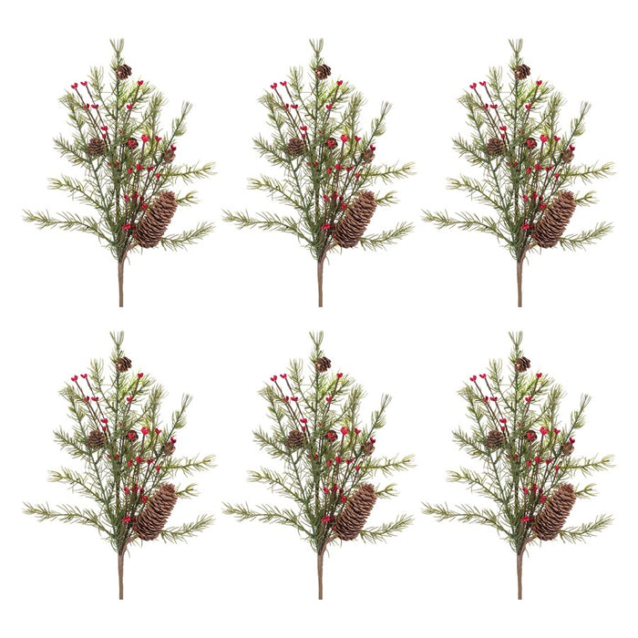 Melrose International Pine/Berry/Cone Spray, Set of 6, Green/Brown/Red