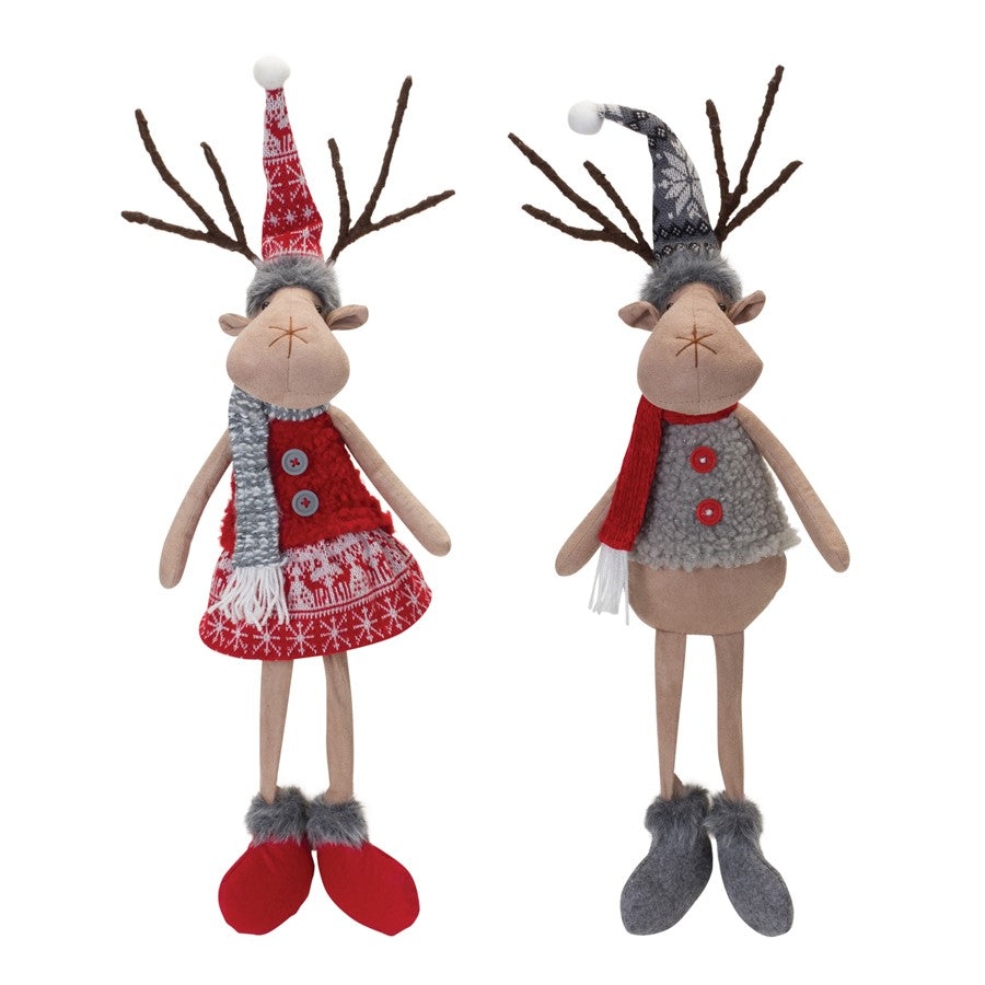 Melrose Plush Winter Deer Shelf Sitter, Set of 2, Red/Grey - 87259DS