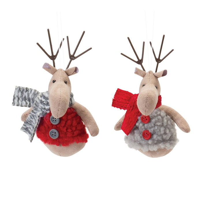 Melrose International Plush Deer/Sweater Ornament, Set of 12, Grey/Red - 87262DS